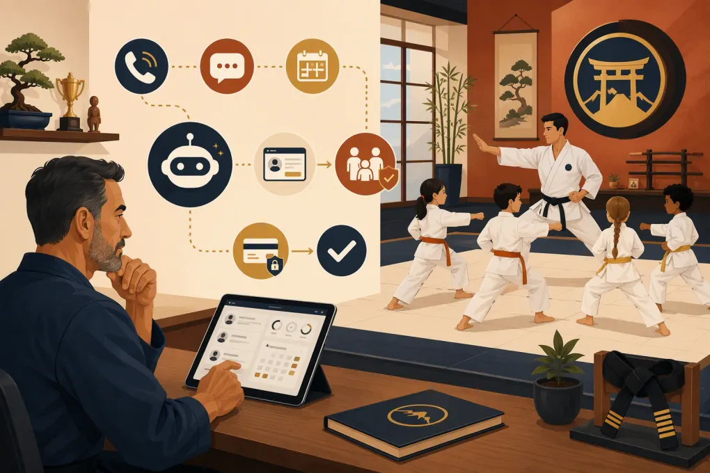 Dojo owner using an AI receptionist to manage inquiries and karate trial bookings