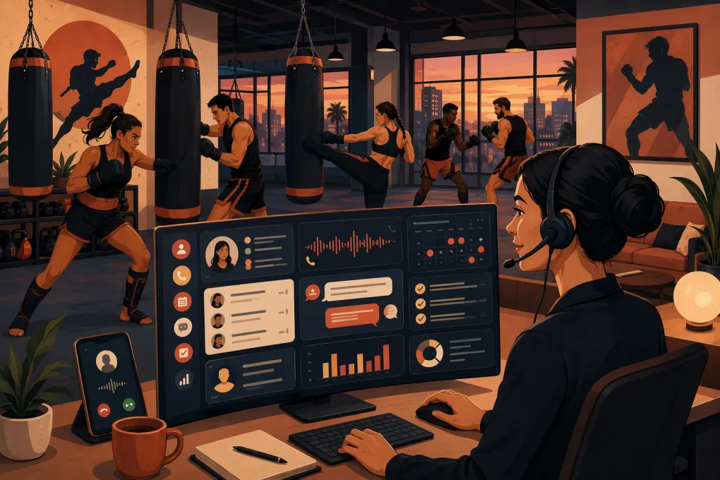 AI receptionist managing calls and trial bookings while athletes train in a kickboxing gym