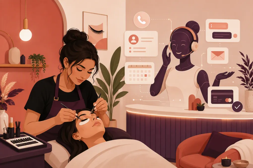 Lash artist working while an AI receptionist manages calls, bookings and client messages