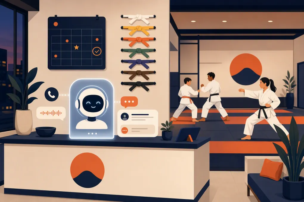 AI receptionist handling belt testing inquiries for a martial arts school