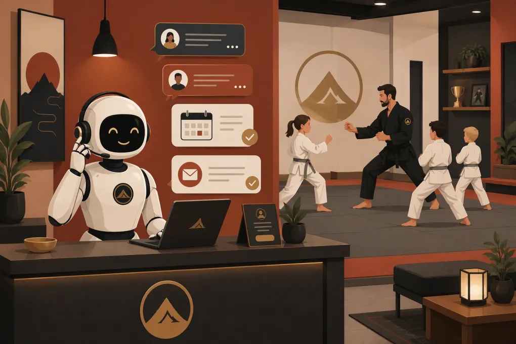 AI receptionist handling membership inquiries while a martial arts class trains
