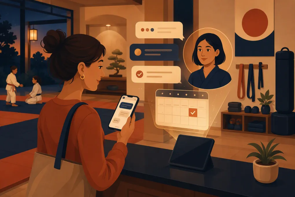 AI receptionist booking an intro class for a martial arts school after hours