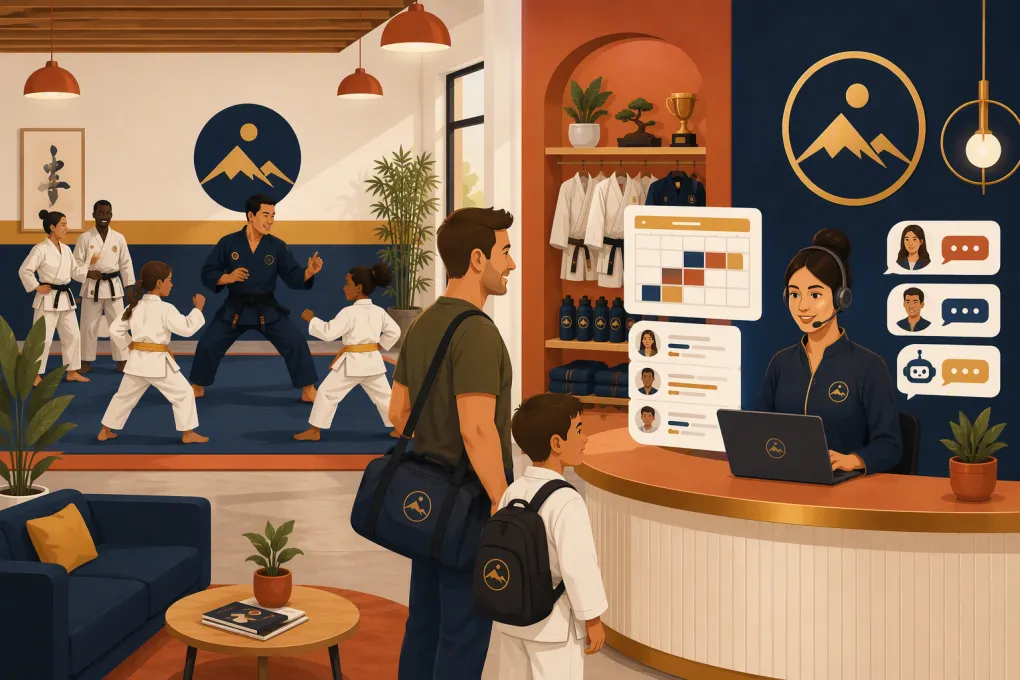 AI receptionist booking a trial class while a martial arts instructor coaches students