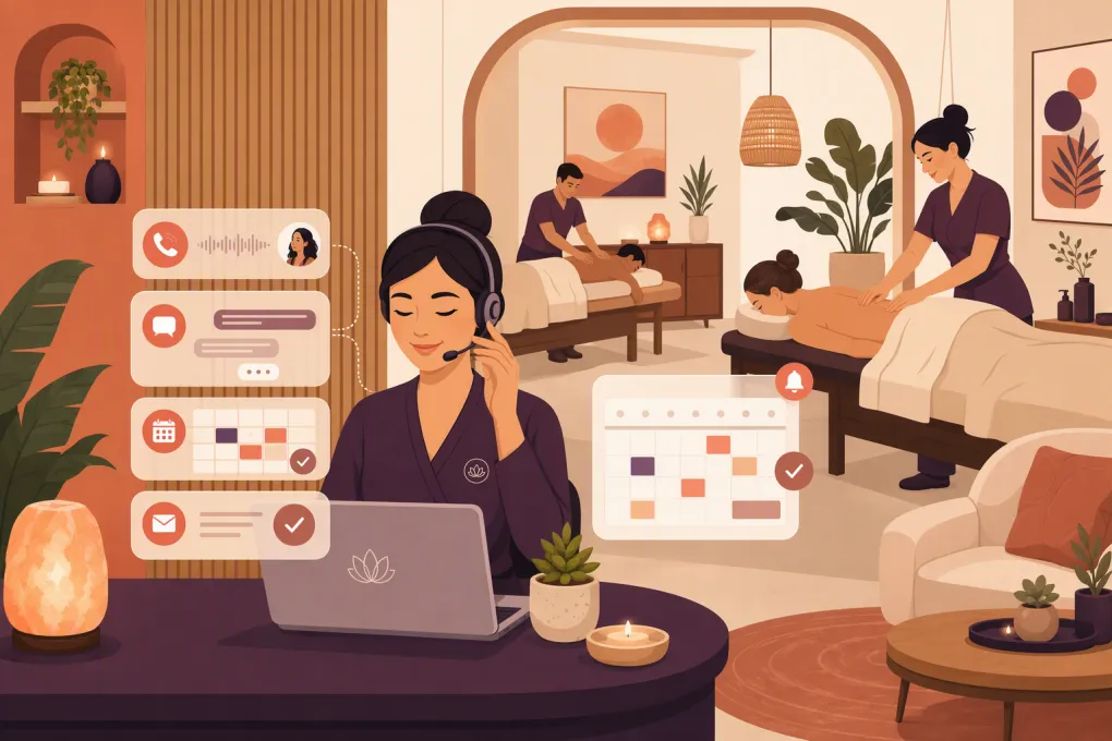 AI receptionist managing massage bookings while therapists work with clients