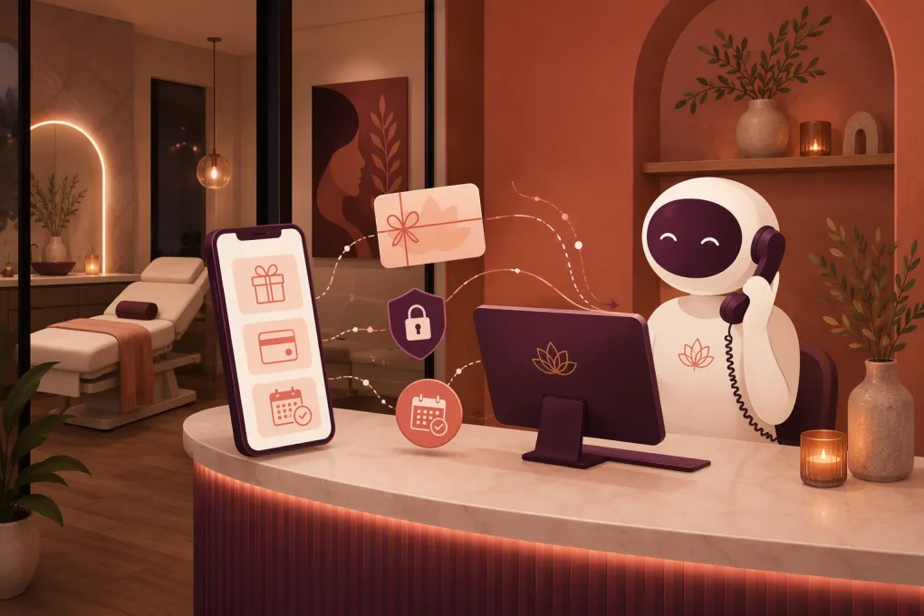 AI receptionist helping a med spa customer purchase a digital gift card after hours