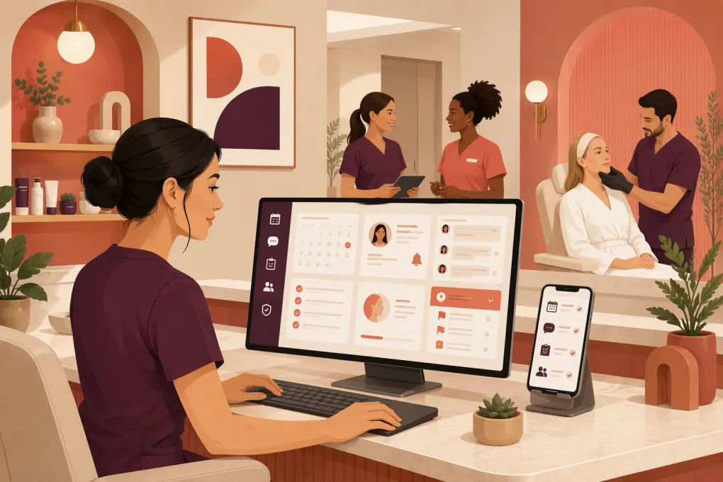 AI receptionist coordinating med spa appointments, instructions, and staff escalations