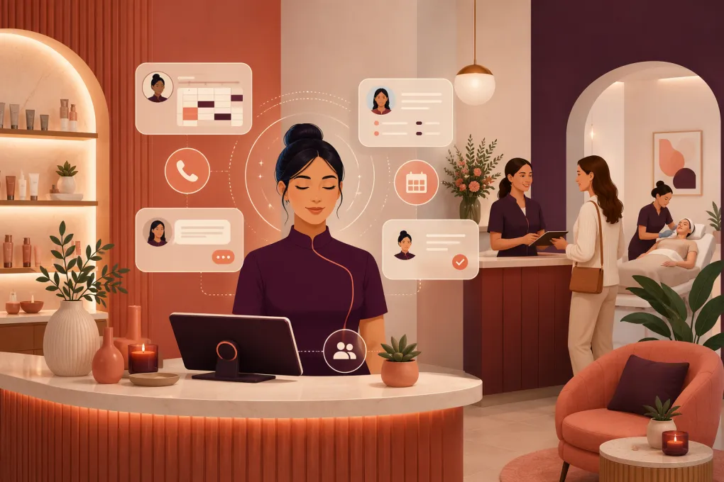 AI assistant managing calls, messages, and appointments at a modern med spa reception desk