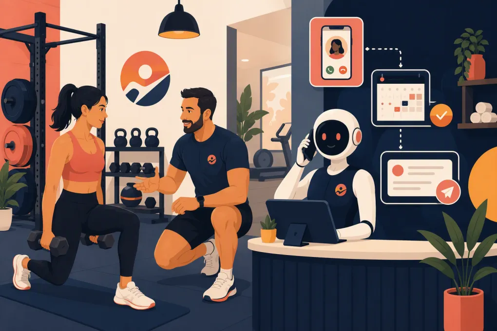 Personal trainer coaching a client while an AI receptionist handles calls and booking