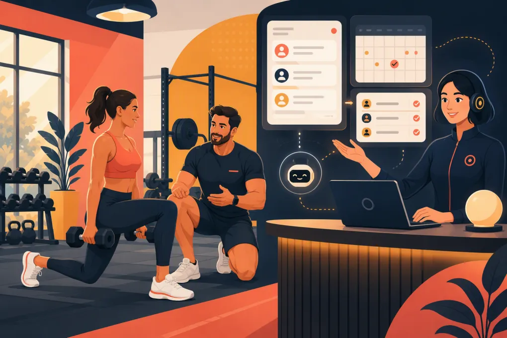 Personal trainer coaching while an AI receptionist manages leads, bookings and reminders