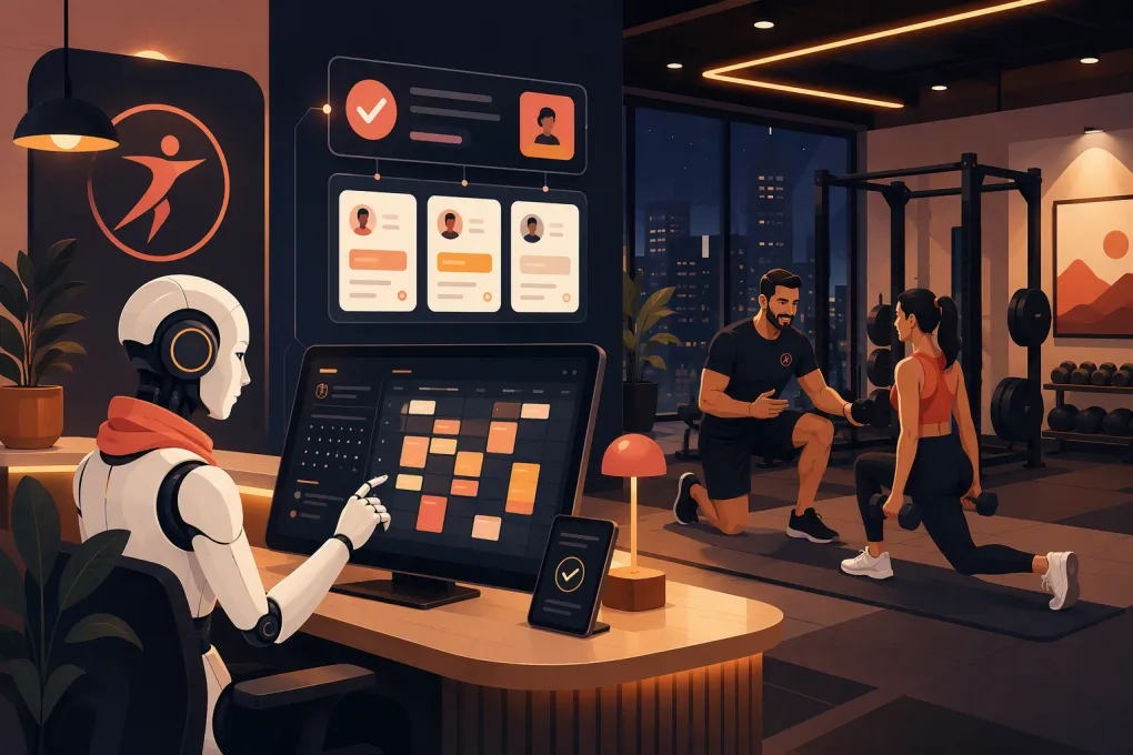 AI receptionist scheduling personal training consultations while a trainer works with a client