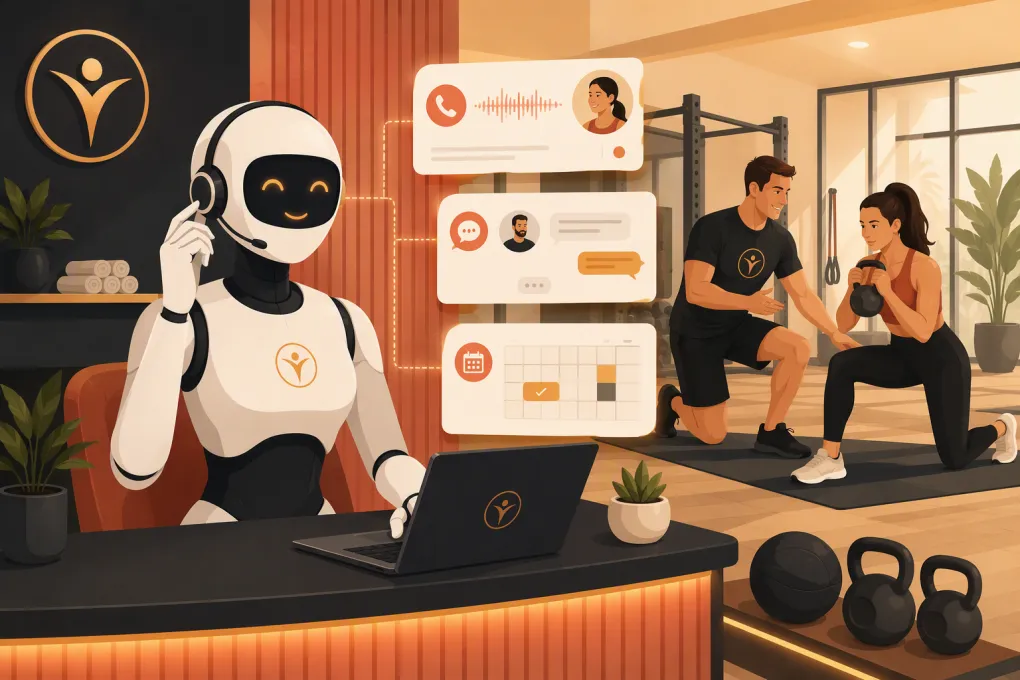 AI receptionist handling personal training leads while a coach works with a client