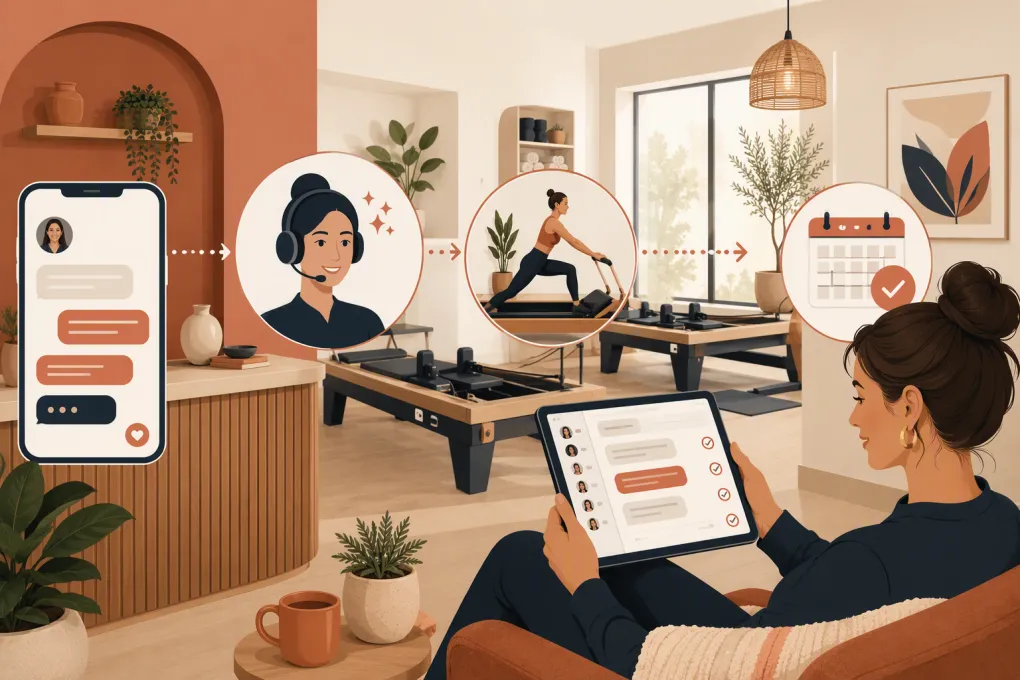 Pilates studio owner reviewing an AI-booked intro class on a tablet