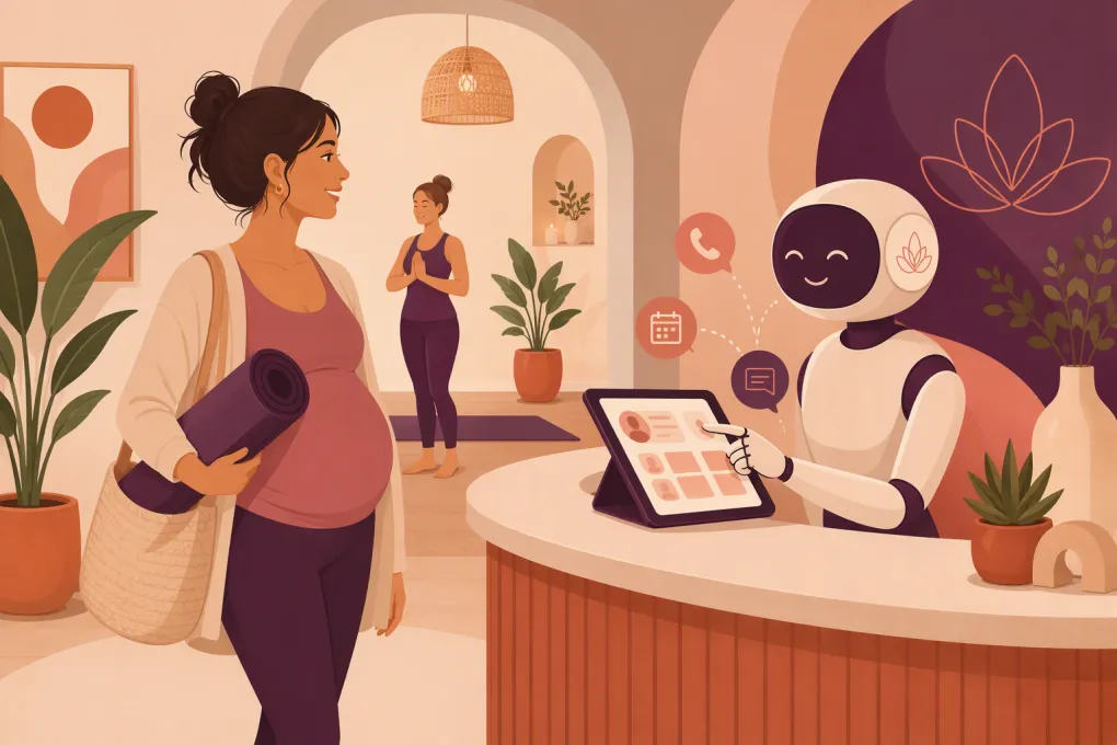 AI receptionist helping a prenatal yoga student book a studio class