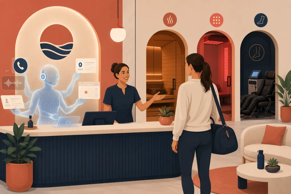 AI receptionist managing calls and bookings at a modern wellness recovery center