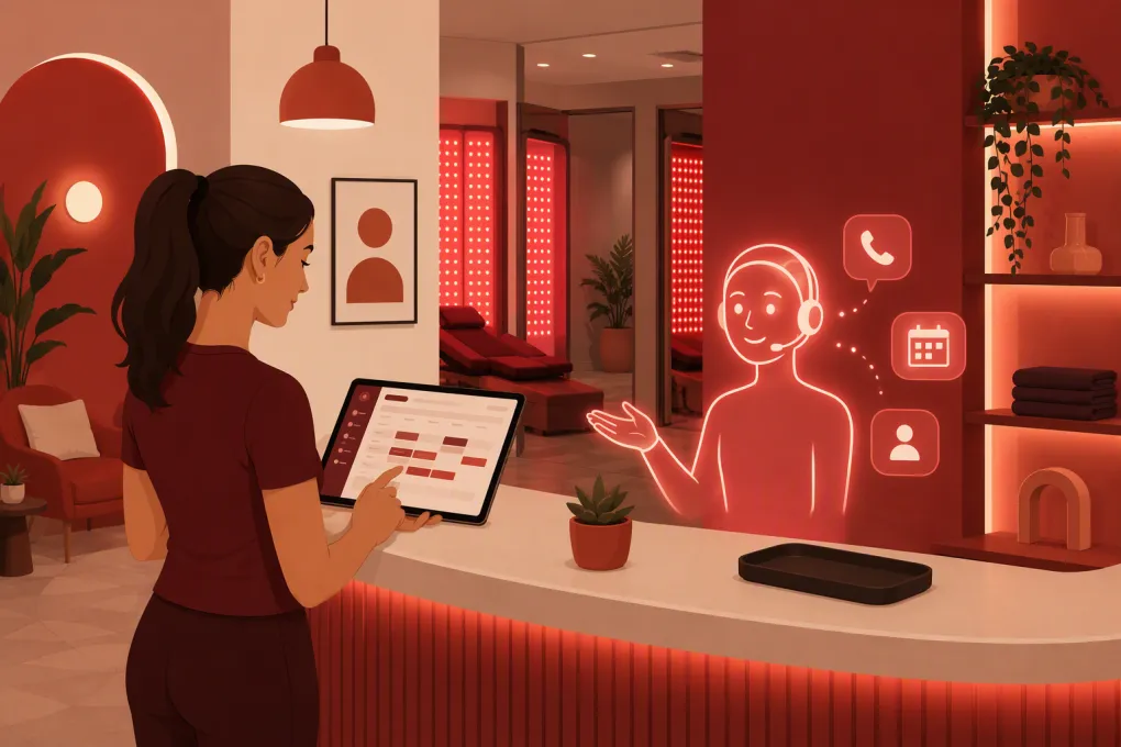 Studio operator using an AI receptionist to manage red light therapy appointments