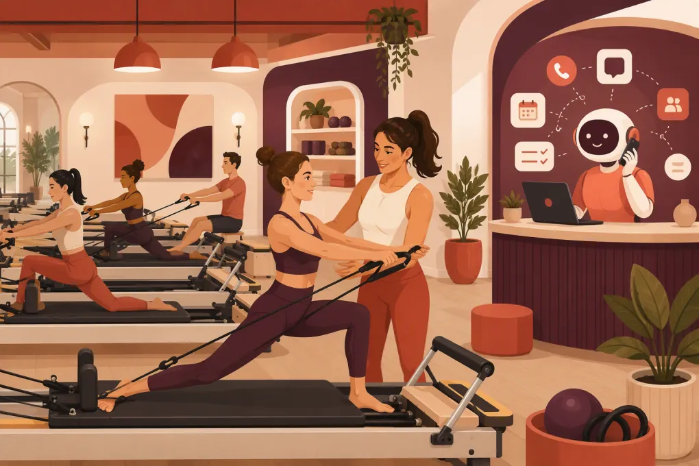 AI receptionist managing calls and bookings while an instructor teaches reformer Pilates
