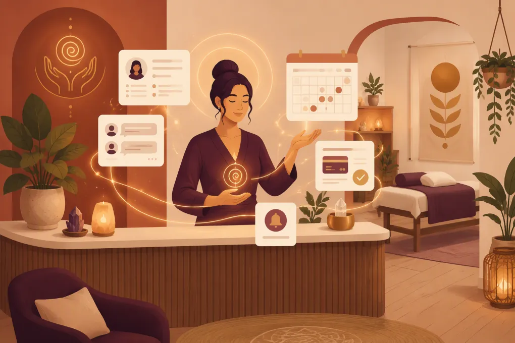 AI assistant managing inquiries and appointments for a calm Reiki studio