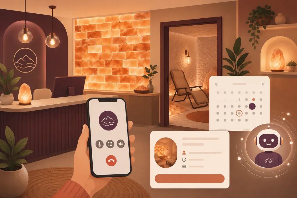 AI receptionist managing calls and bookings for a warm, modern salt therapy center