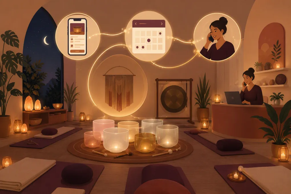 AI receptionist routing inquiries and bookings for a sound bath studio