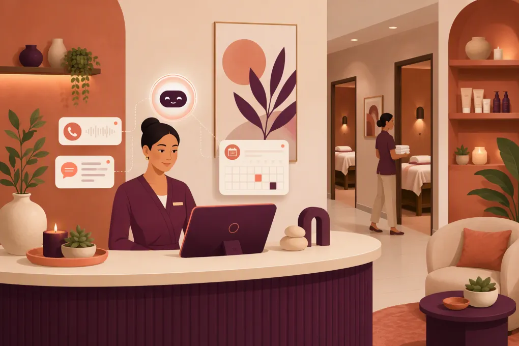 AI receptionist managing calls, messages, and appointment bookings for a modern spa