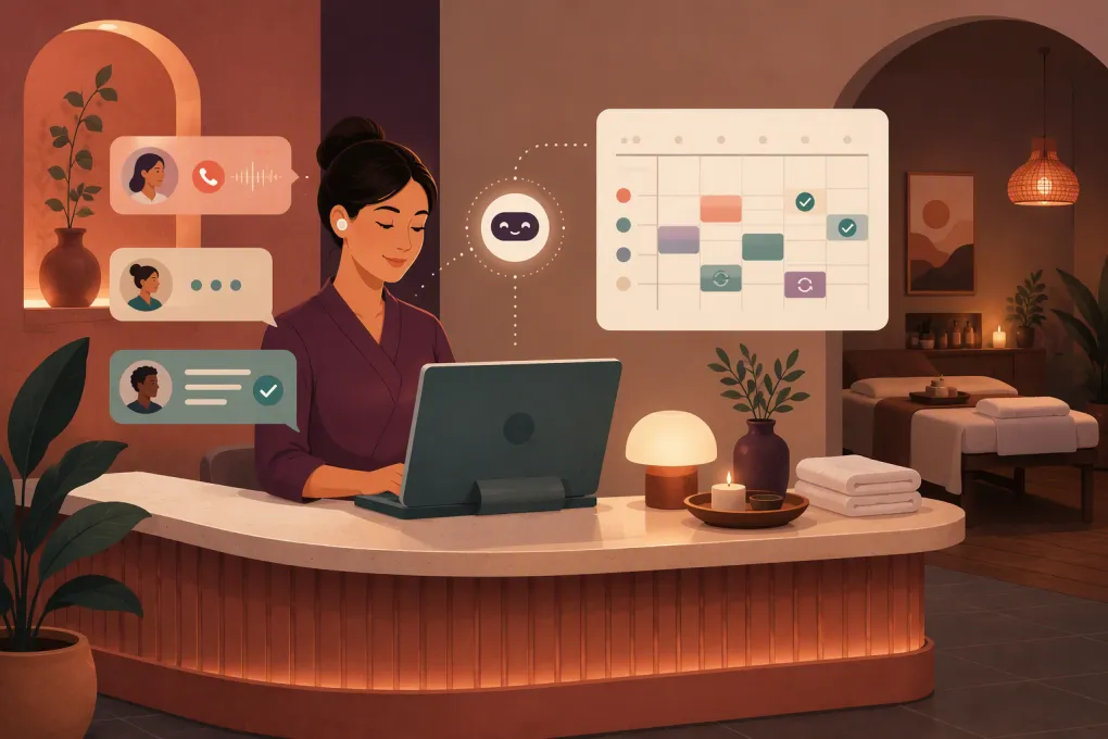 AI spa receptionist confirming, rescheduling and updating appointments on a booking calendar