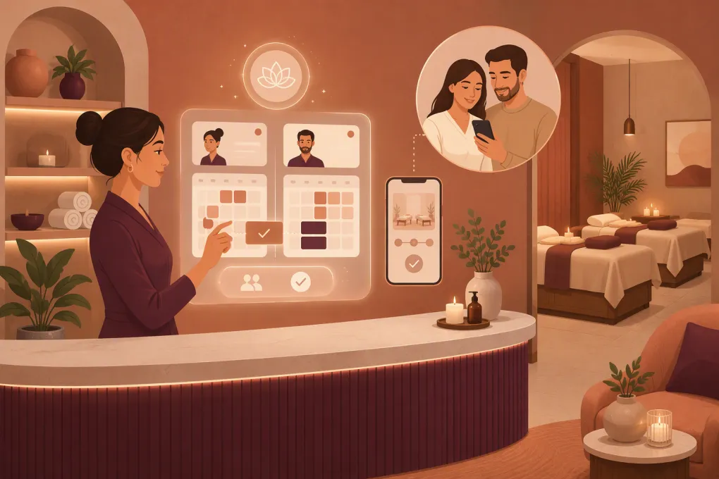 AI spa receptionist coordinating two therapists for a couples massage appointment