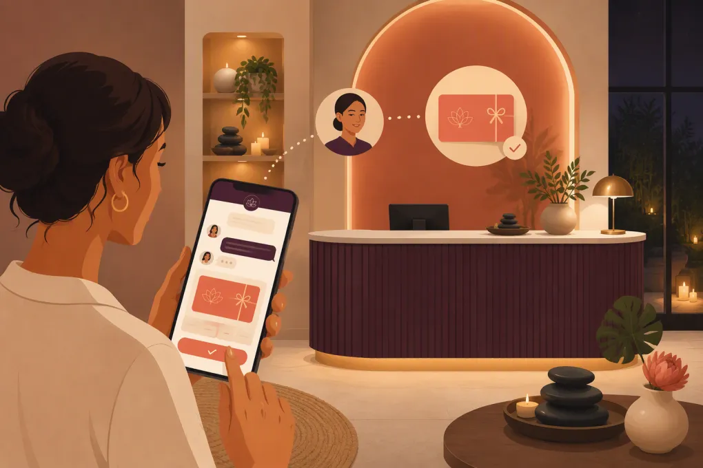 AI spa receptionist helping a customer purchase a digital gift card after hours