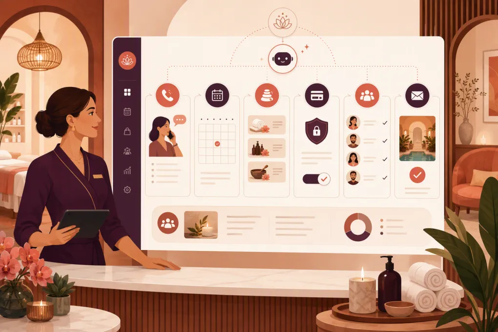 Spa manager using an AI receptionist workflow to coordinate a group party booking