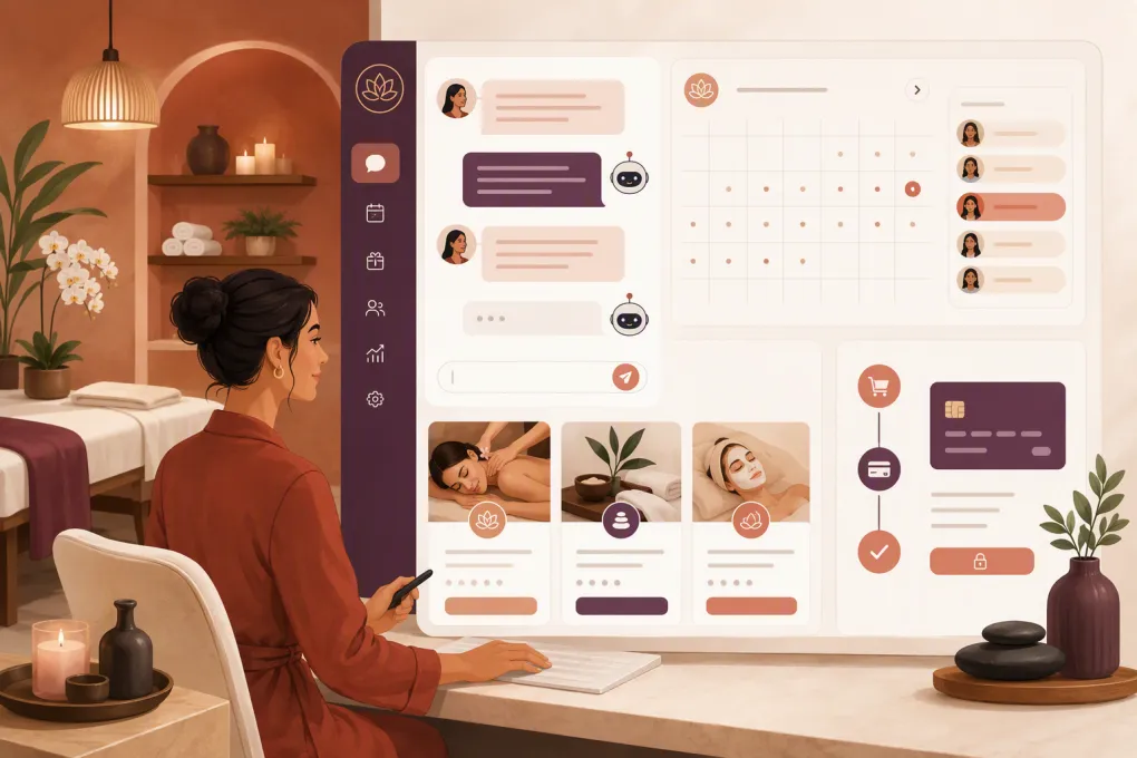 Spa owner using an AI receptionist to manage treatment package inquiries and consultation bookings
