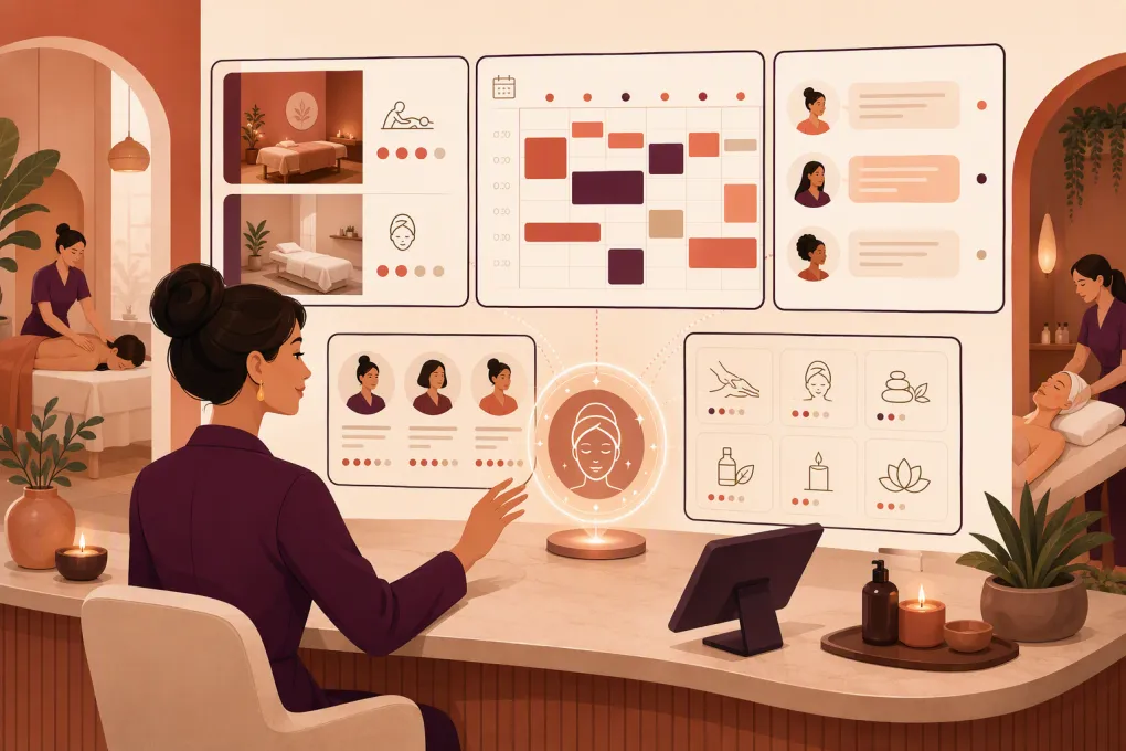 AI receptionist coordinating spa treatment rooms, therapists and guest bookings