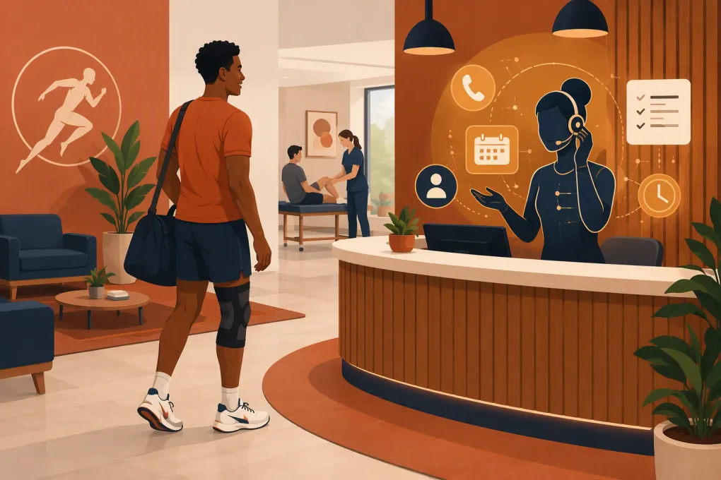 AI assistant managing calls and appointments at a sports medicine clinic reception desk