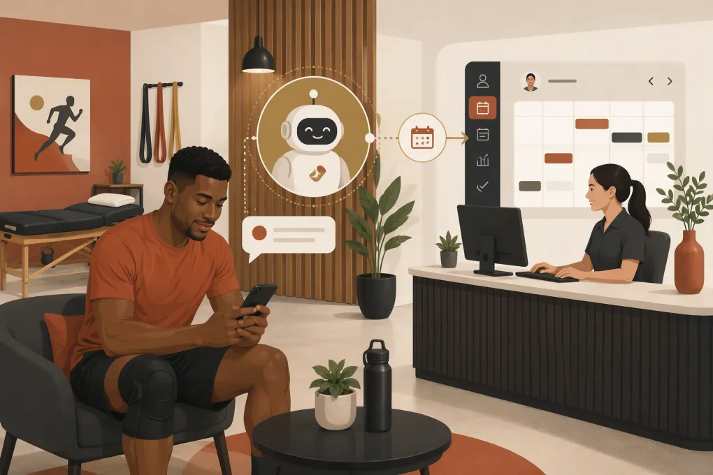 AI assistant routing a patient inquiry inside a modern sports rehabilitation clinic
