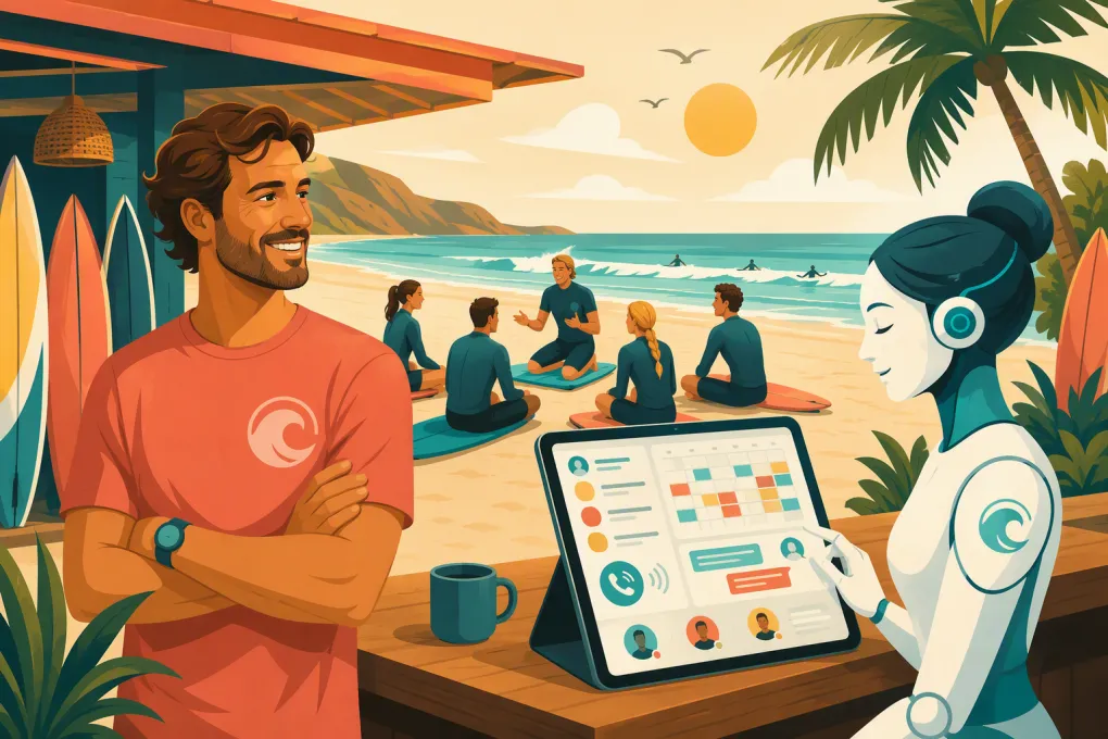 Surf school operator using an AI receptionist to manage lesson bookings and calls