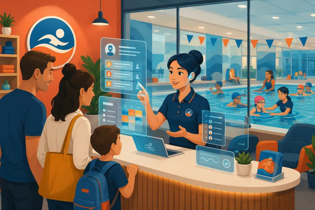 AI receptionist managing parent inquiries and lesson enrollment at a swim school