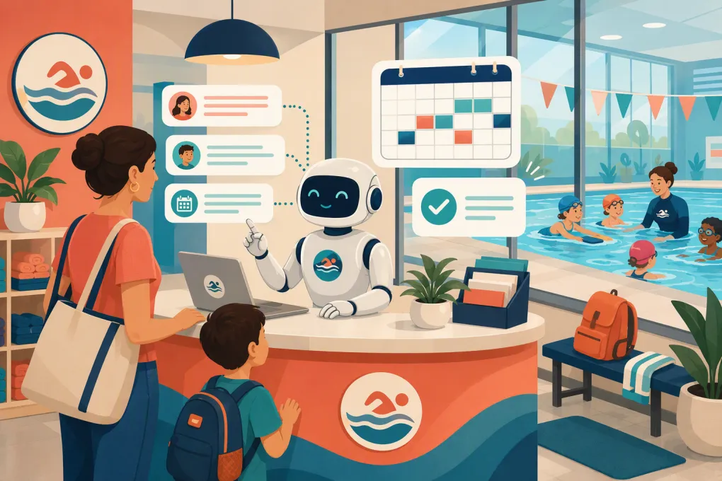 AI receptionist managing parent inquiries and lesson bookings at a busy swim school