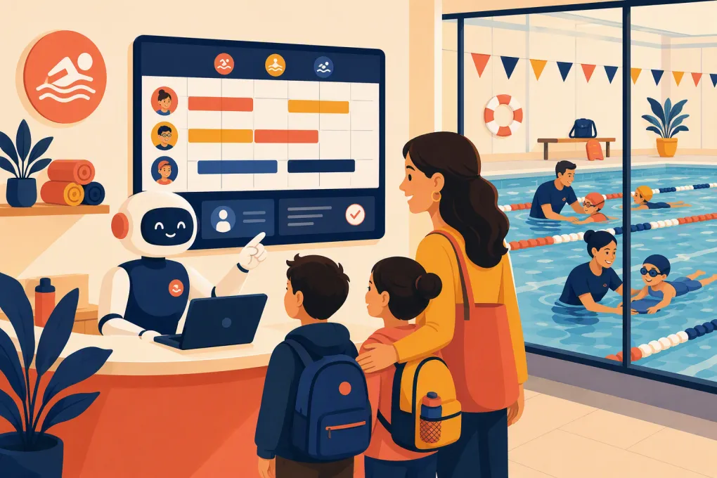 AI receptionist scheduling swim assessments for a parent and two children