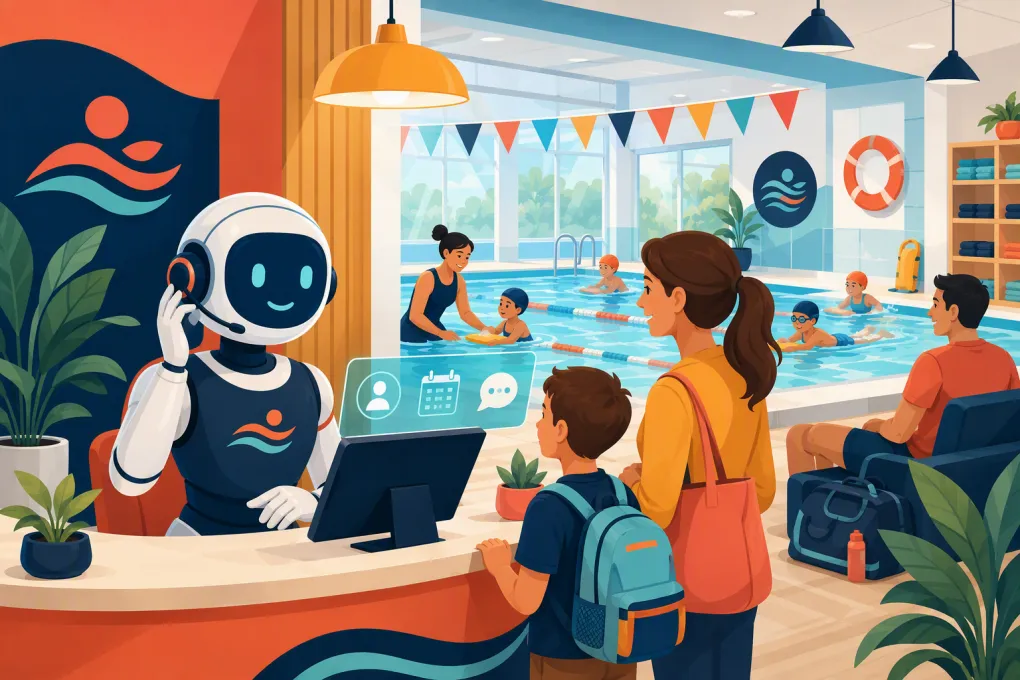 AI receptionist handling parent calls and swim lesson bookings at a busy swim school