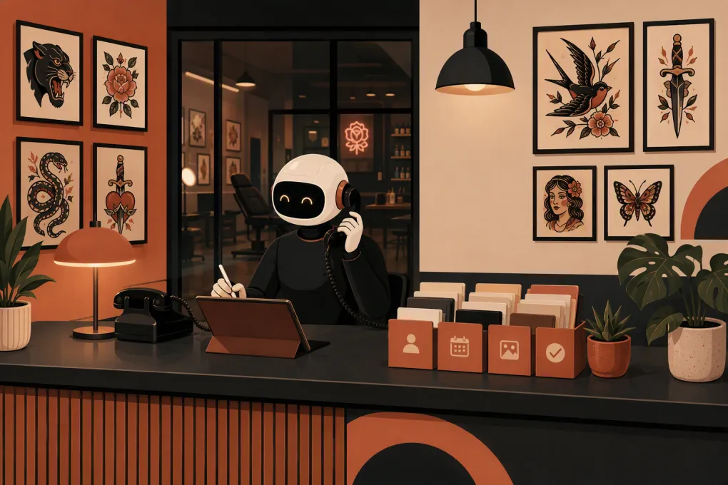 AI receptionist organizing tattoo consultation requests and artist calendars after hours