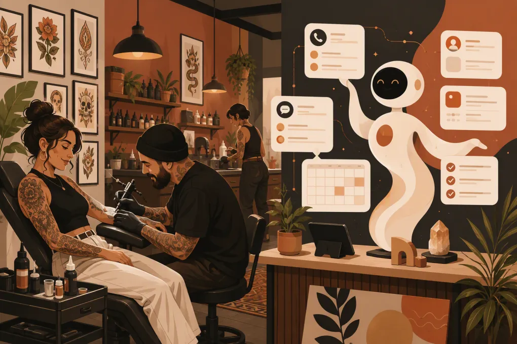 AI receptionist managing inquiries and consultation bookings while a tattoo artist works