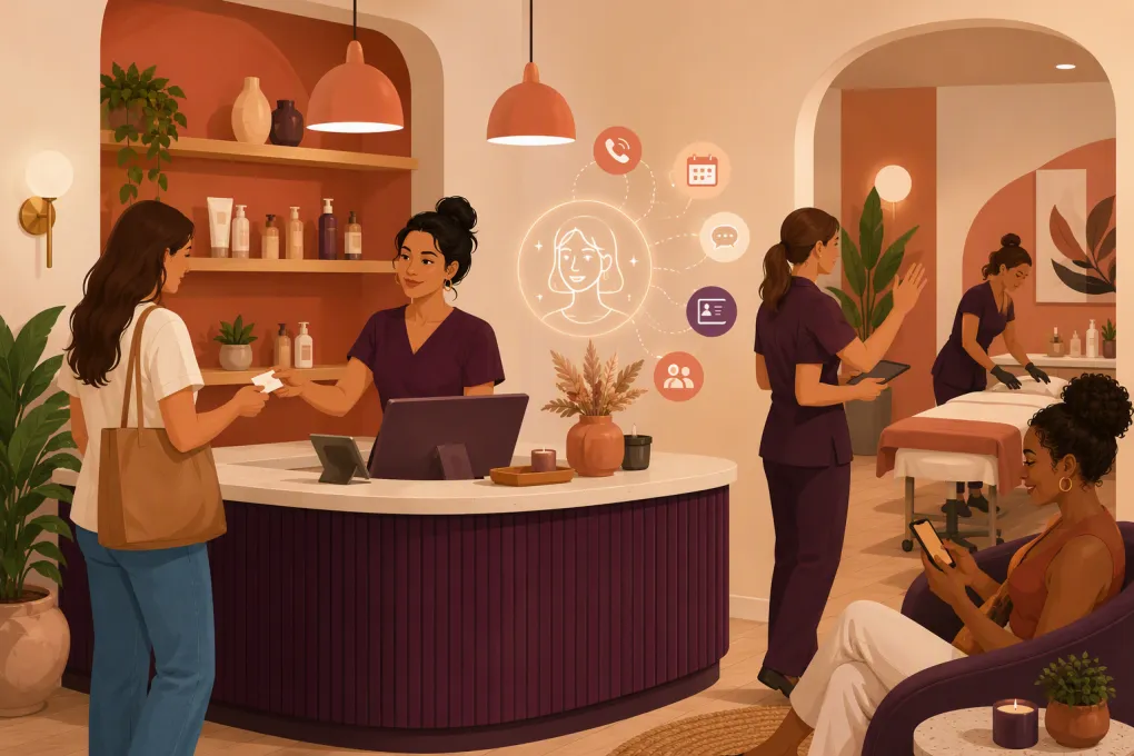 AI receptionist coordinating calls and bookings at a busy waxing salon front desk