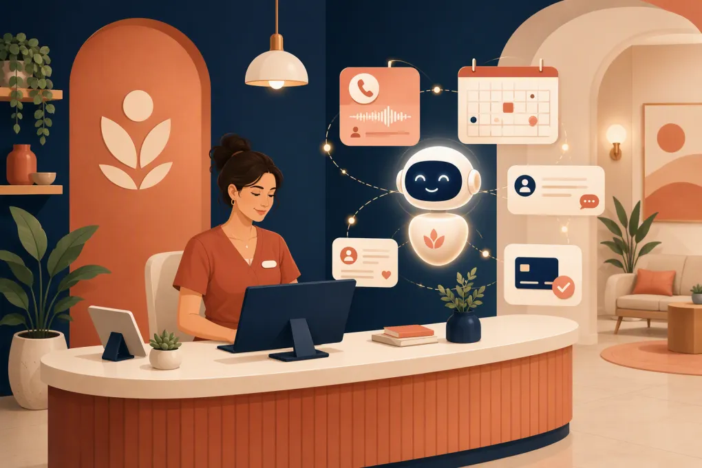 AI receptionist coordinating calls, bookings, and messages for a wellness clinic