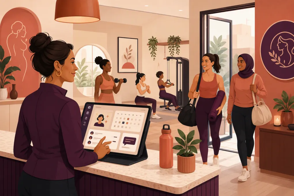 Woman gym owner using an AI receptionist dashboard in a welcoming women-only fitness studio