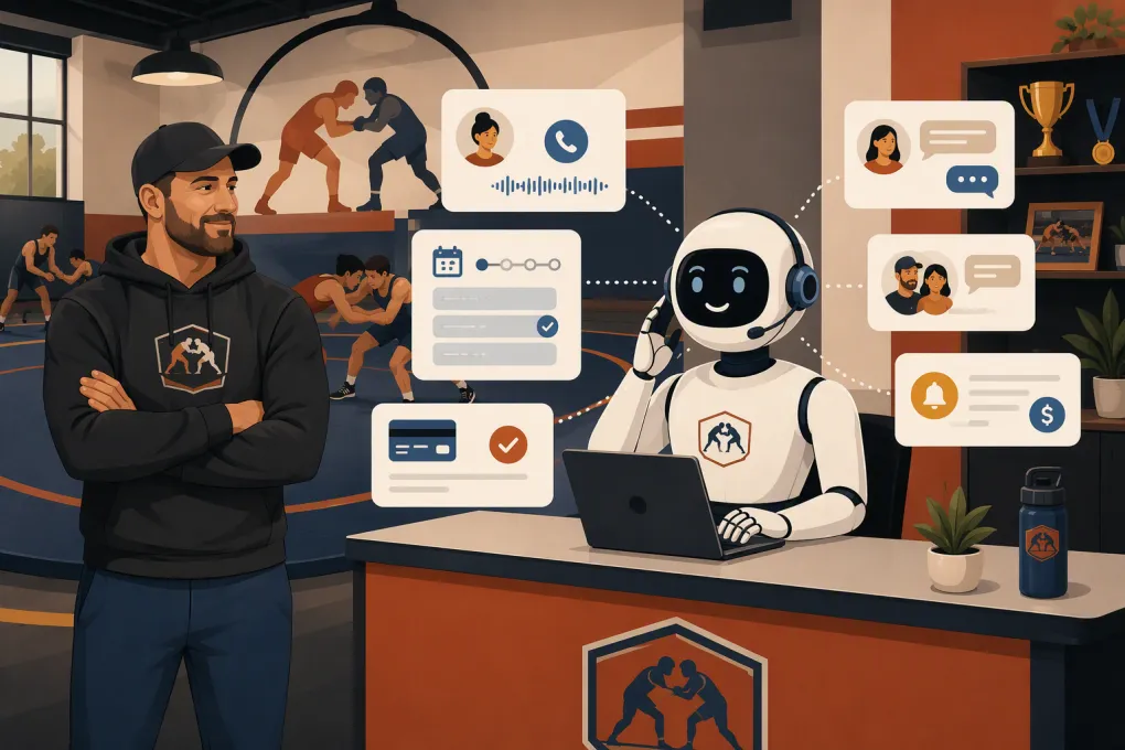 AI receptionist handling calls and bookings while athletes train at a wrestling gym