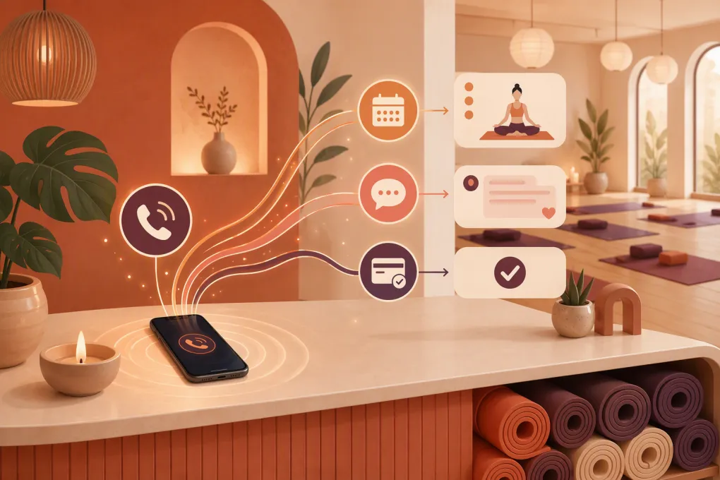 AI receptionist routing a missed yoga studio call into a class booking and follow-up