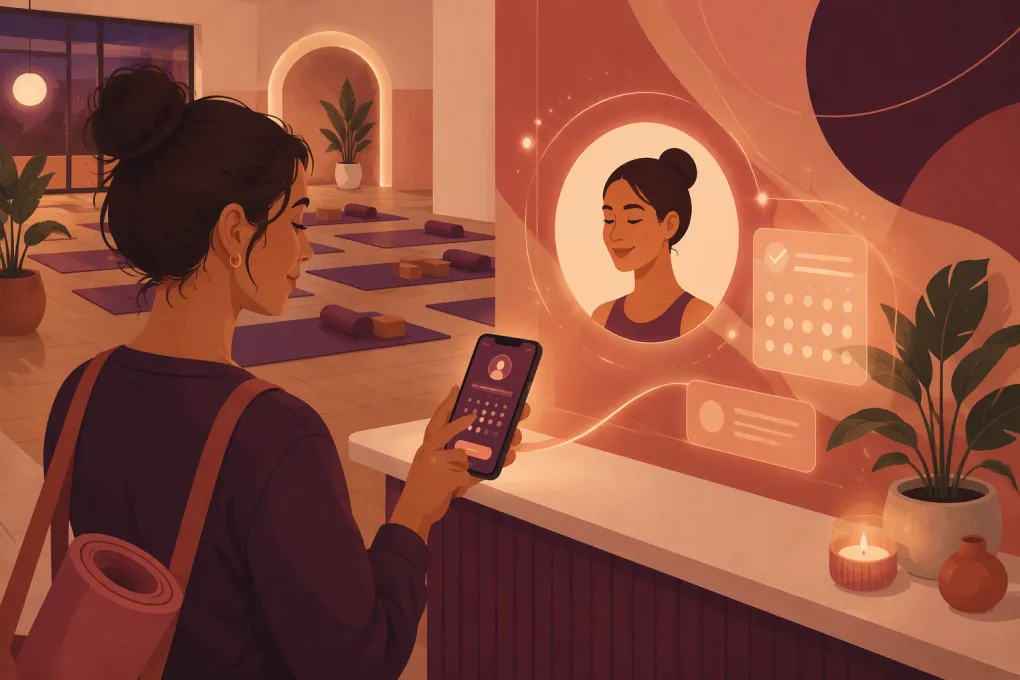 AI receptionist booking a prospective member into a yoga studio trial class