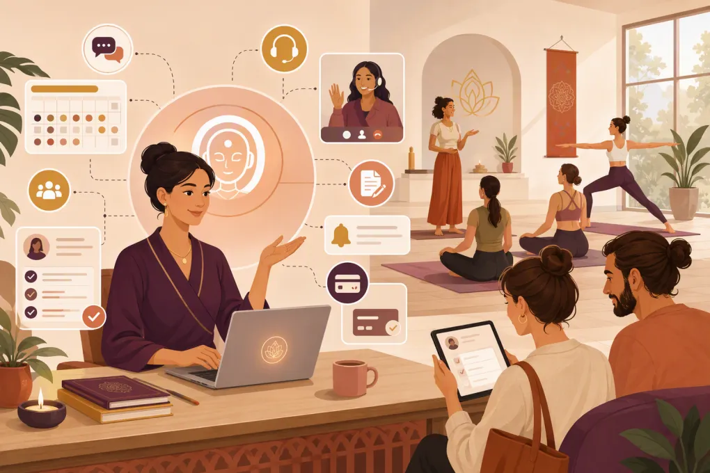 AI receptionist coordinating admissions for a yoga teacher training school
