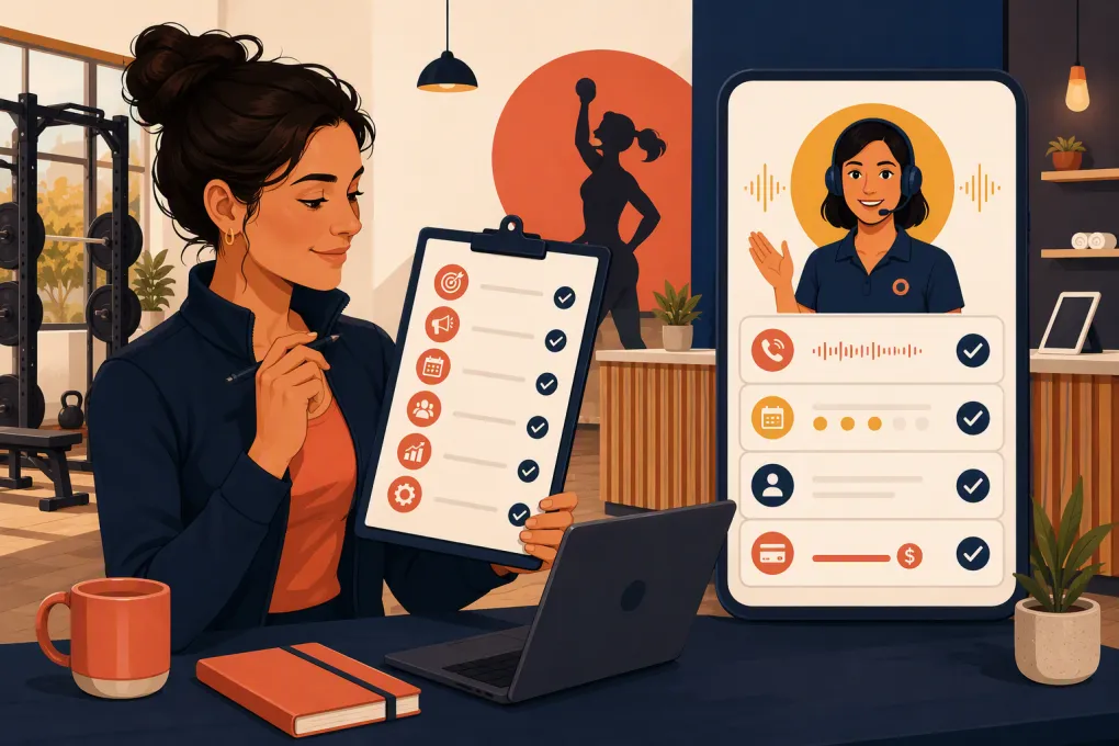Fitness studio owner reviewing an AI receptionist implementation checklist