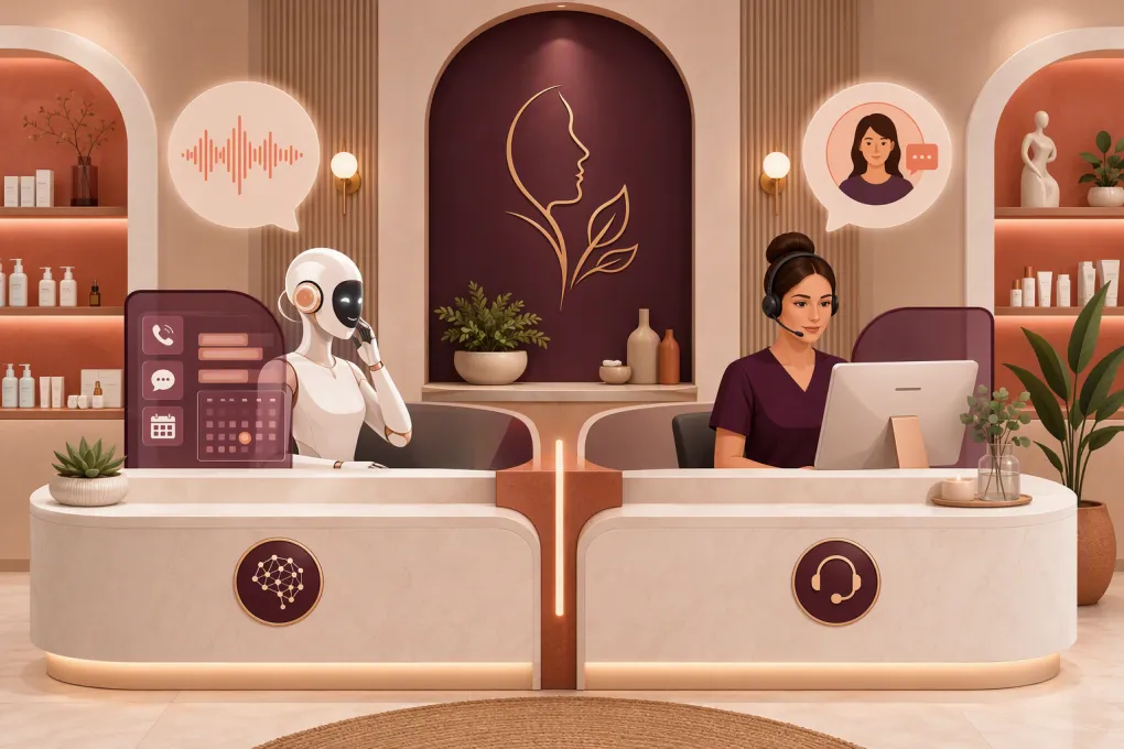 AI receptionist and human answering service handling calls and bookings for a med spa