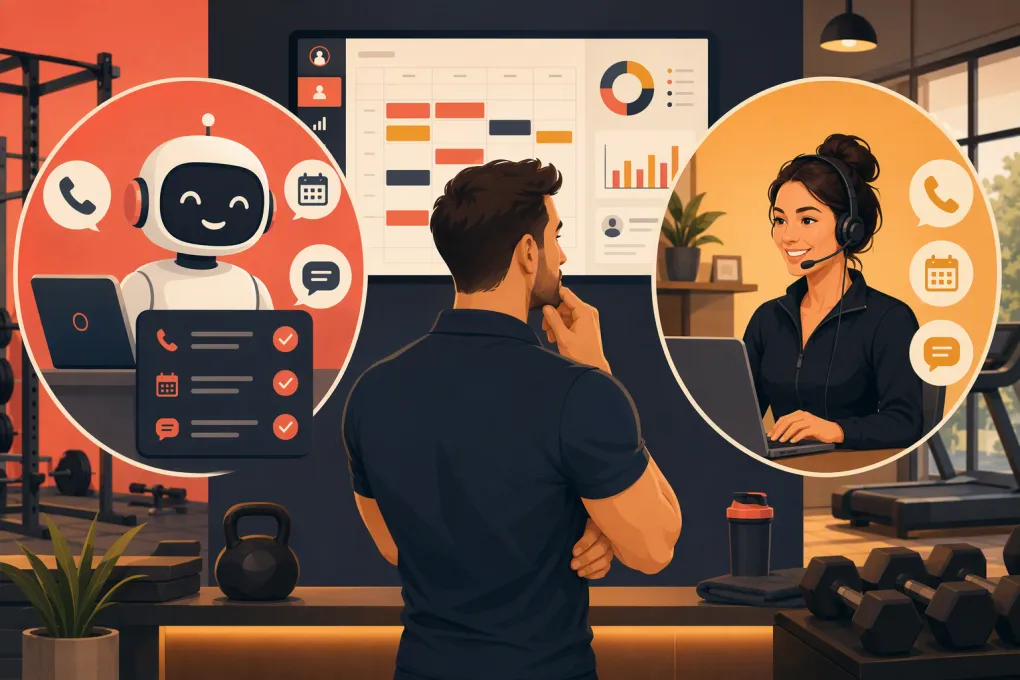 Gym owner comparing an AI receptionist with a remote human receptionist