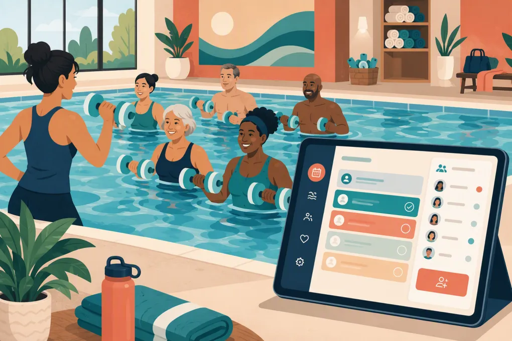 Aqua fitness instructor leading a pool class beside a digital booking schedule